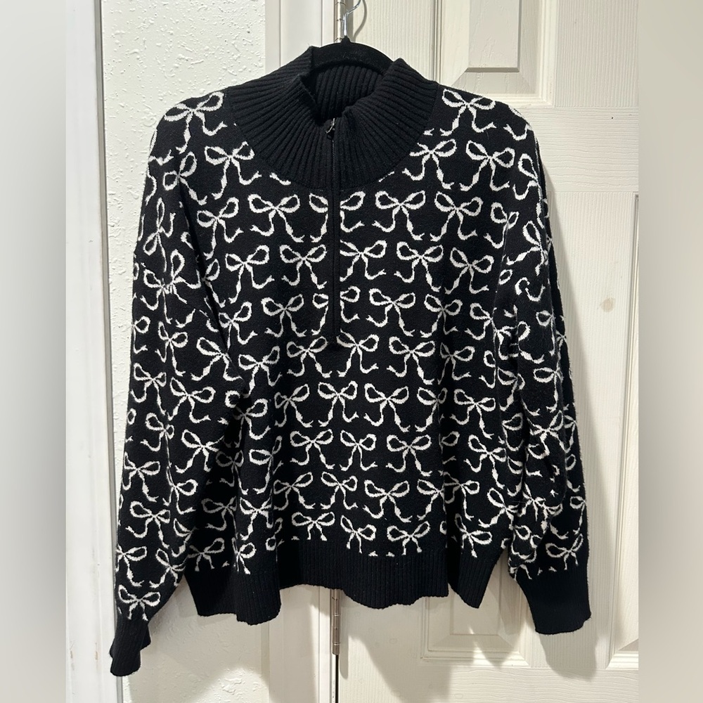 Anthropologie Black and White Bow Mock-Neck Half-Zip Sweater by Maeve